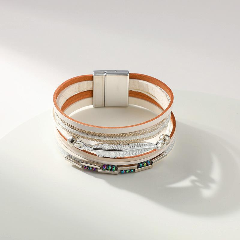 Многослойный браслет из искусственной кожи в богемном стиле, женский, с магнитной застежкой-листом, аксессуары для украшений