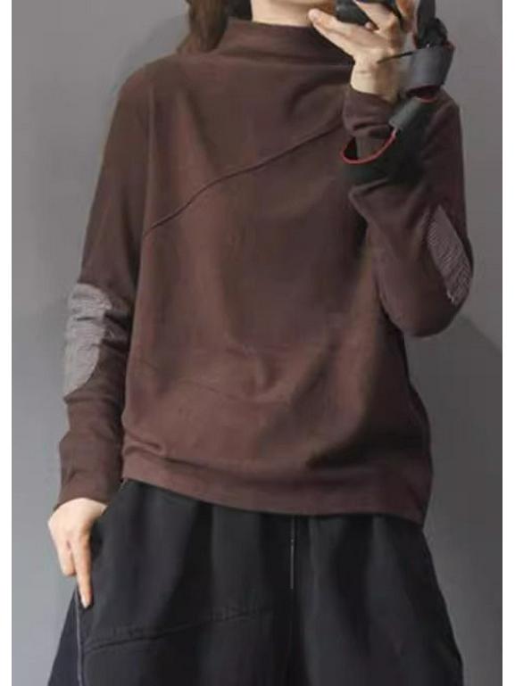 Женский этнический пуловер из флиса с пэчворком - Воротник-стойка, Осень/Зима, Свободный крой