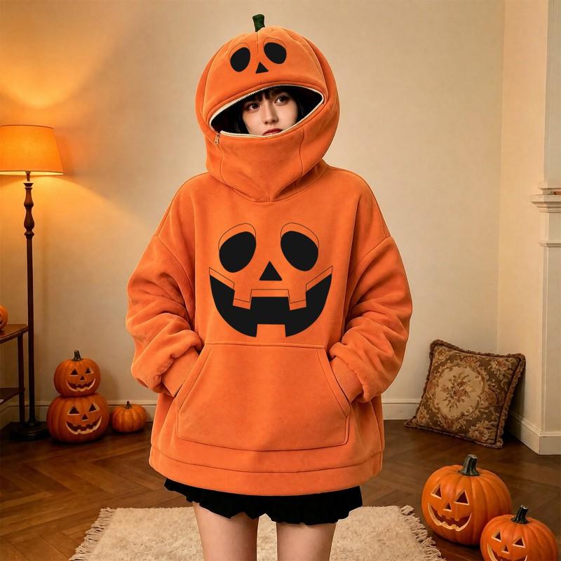 Halloween Pumpkin Print Hooded Sweatshirt Women Casual Long Sleeve Top