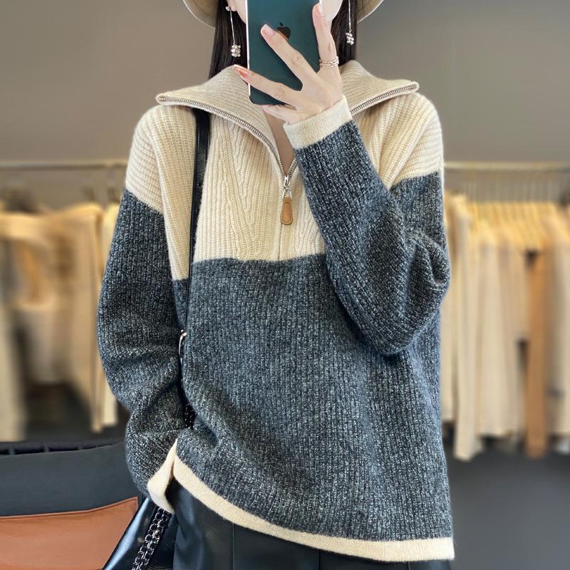 Color Block Wool Cashmere Sweater - Women's High-End Knitted Half-Open Collar Top