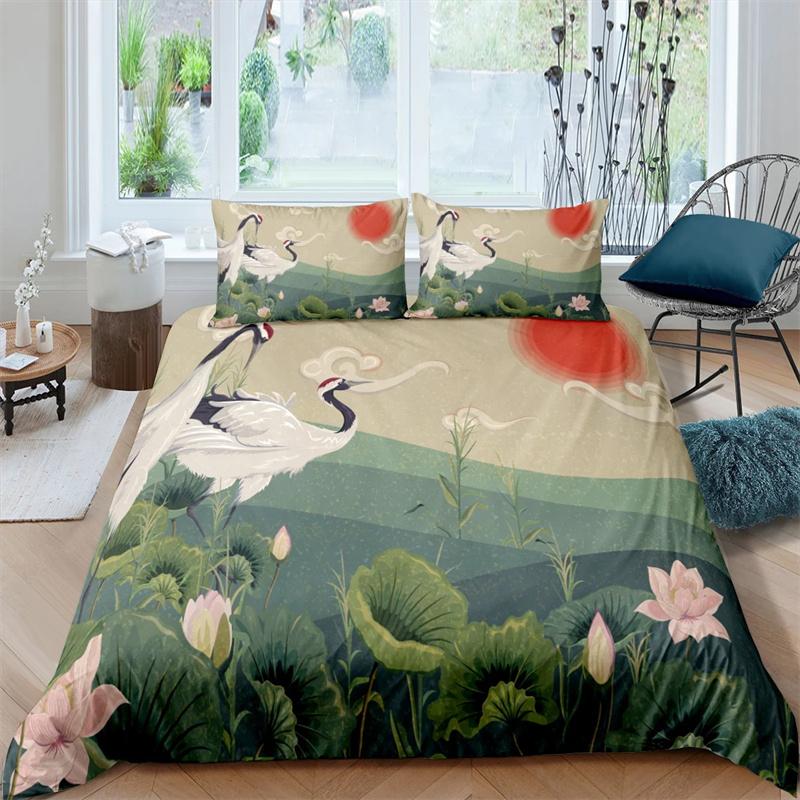 Пододеяльник с японским журавлем King Queen Size Wave Flower Ukiyo-e Style Комплект постельного белья Восточная культура 2/3 шт. Полиэстеровый пододеяльник