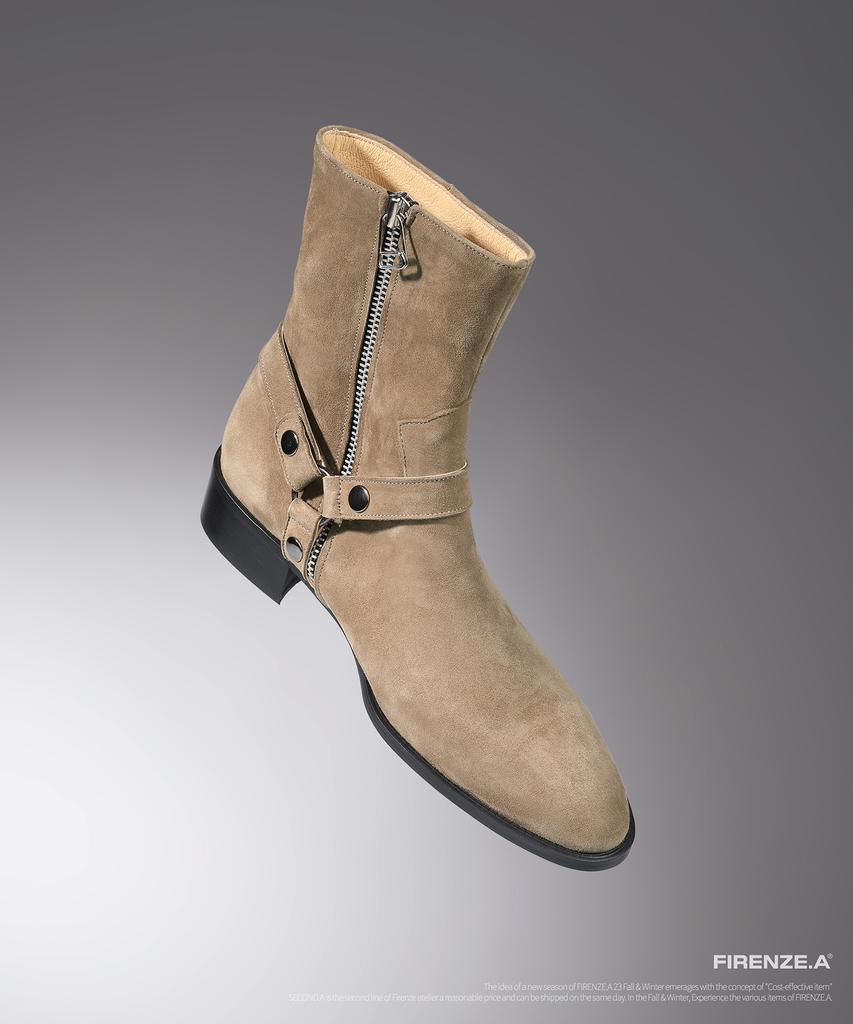Firenze Atelier Slim Toe Velcro Line Suede Zip-Up Boots 3344-Qs [Ash Beige]