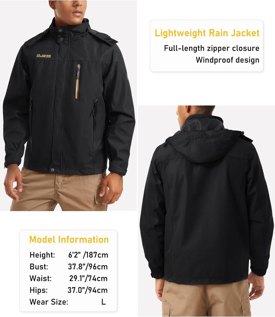 Demi-season Long Jacket Men's Hooded Windproof Water Resistant Rain Jacket Windbreaker 5 Pockets for Hiking,Fishing,Travel