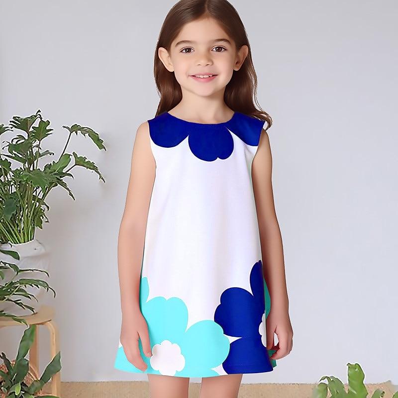 Girls' Dress Sleeveless 3D Light Blue Flowers Print Summer Spring Daily Cute Casual Sweet Kids A Line Dress Tank Dress Sleeping Good Night Dress