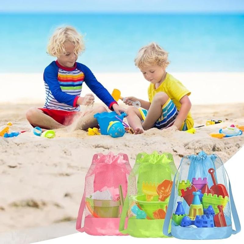 Mesh Drawstring Beach Toy Bag Sand Resistant Kids Backpack Portable Shell Collecting Pouch for Sandbox Seashell & Beach Travel