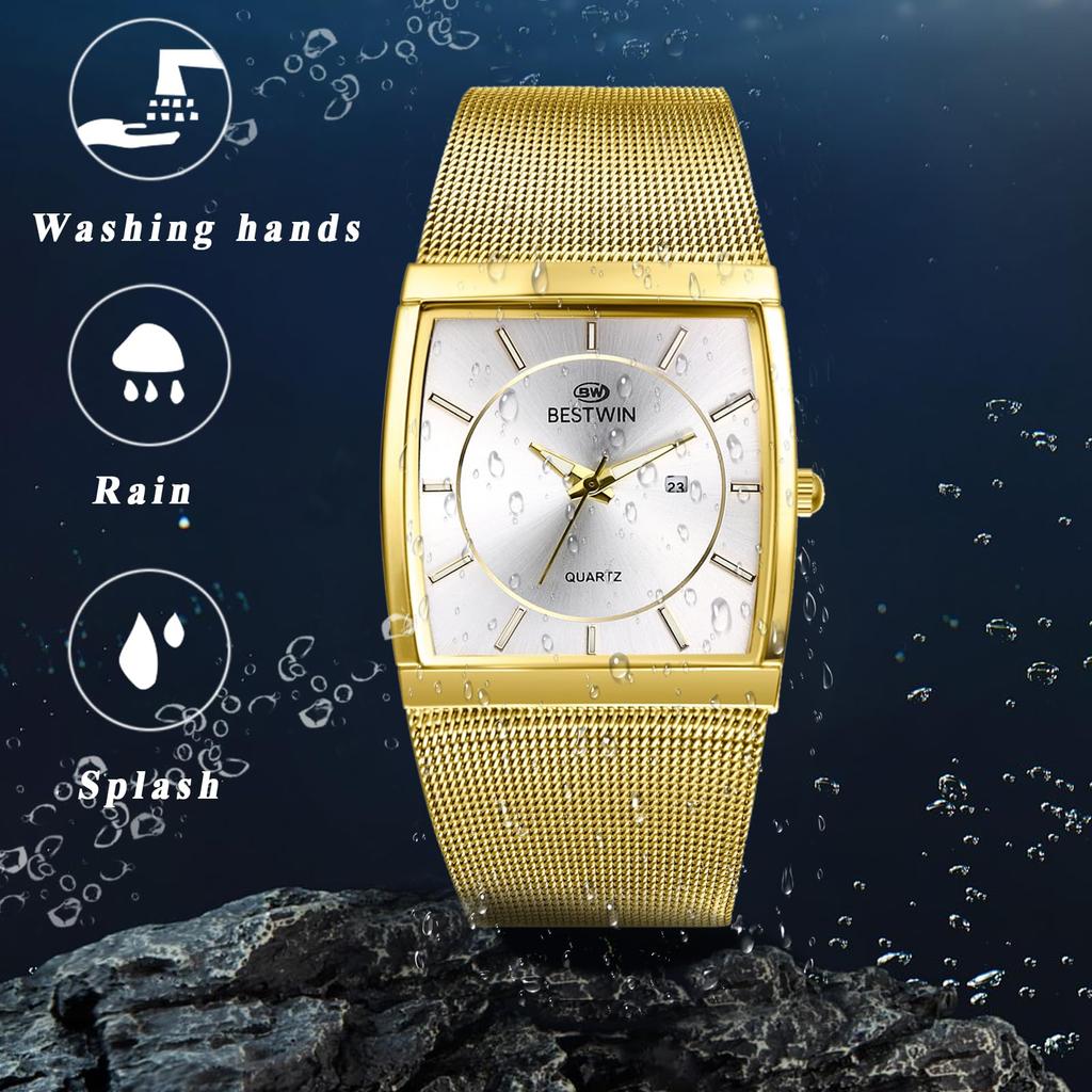 Квадратные часы с сетчатым ремешком из нержавеющей стали, светящиеся аналоговые, водонепроницаемость 3 АТМ, кварцевые и модный аксессуар, идеально подходят для или в качестве подарка парню, мужской ремешок,