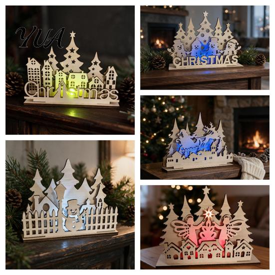 Festive Fireplace Mantle Decor Christmas Table Wooden Sign, Vintage Tree Village House Lighted Tabletop Decorative Wood Craft Centerpiece, Winter
