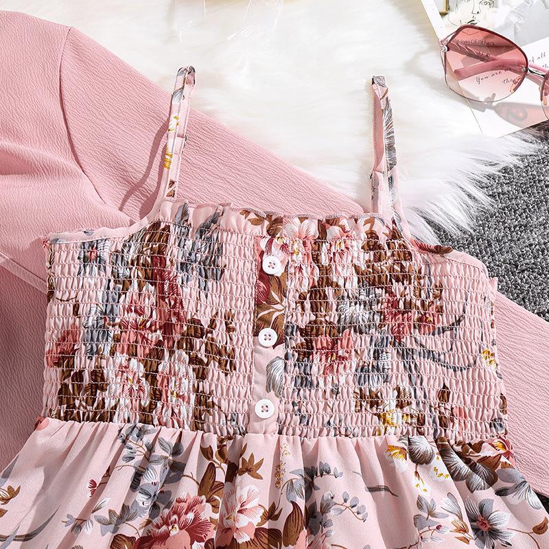 Костюм для девочек 8-12 лет Весна Осень и Зима Кардиган с длинным рукавом Куртка + Милое цветочное платье-халтер Комплект из двух предметов