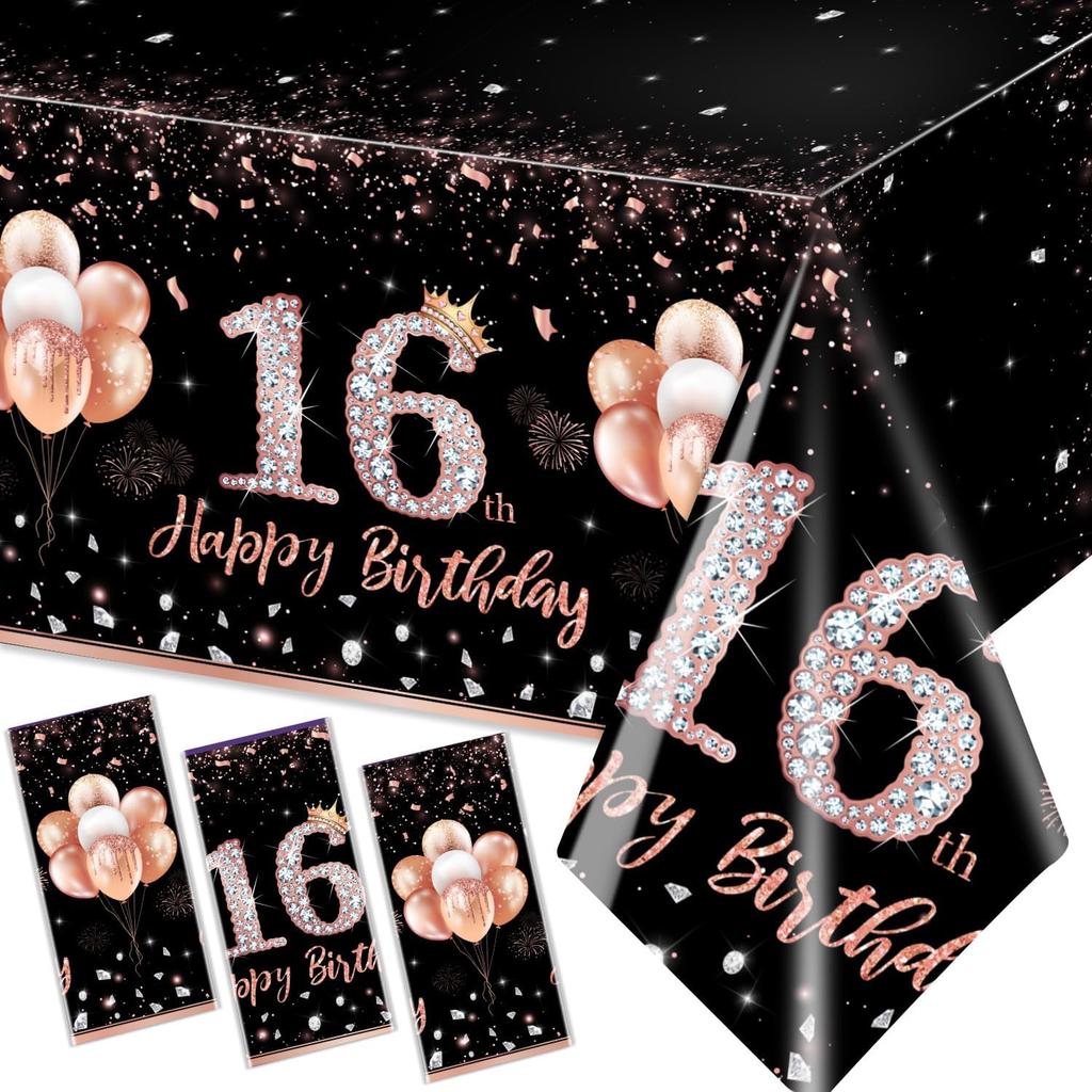 GREHUMOR 3Pcs 13th Birthday Tablecloth Party Decorations for Girls Rose Gold 13 Year Old Birthday Party Supplies Table Cover Thirteen Birthday