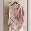 Women's Summer Fashion Casual Linen Shirt Round Neck Printing T-shirt Short Sleeve Tops Loose Blouse XS-5XL