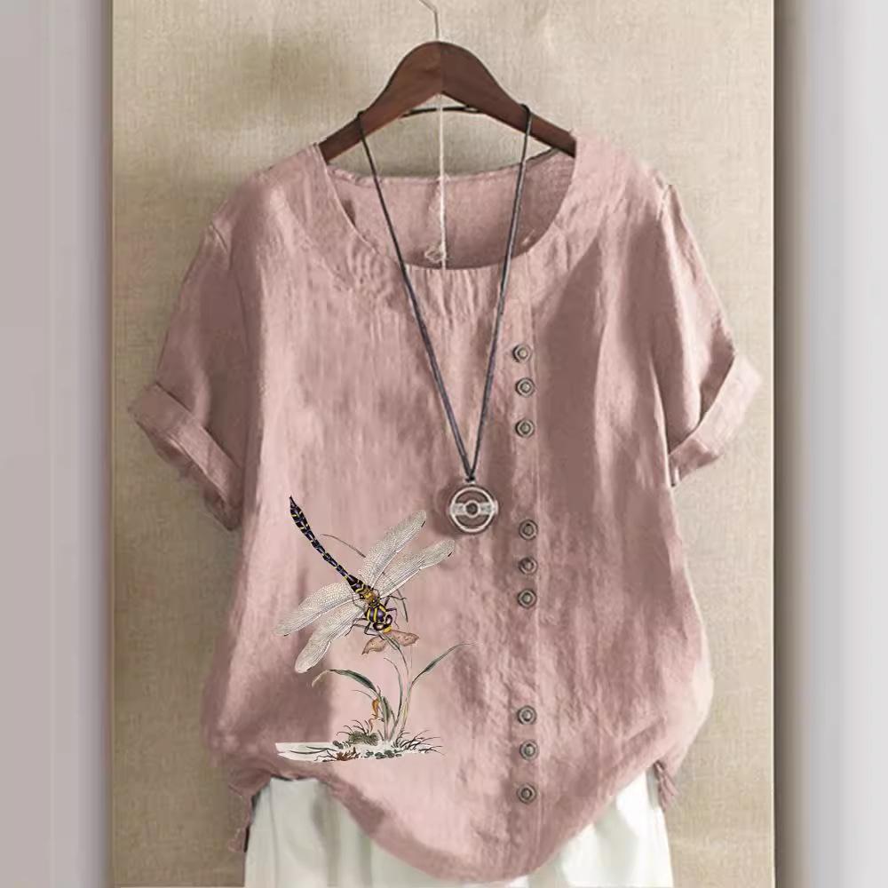 Women's Summer Fashion Casual Linen Shirt Round Neck Printing T-shirt Short Sleeve Tops Loose Blouse XS-5XL