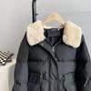 Women Autumn Winter Imitation Rabbit Hair Slim Cotton Coat Lapel Neck Solid Color Drawstring Padded Jacket