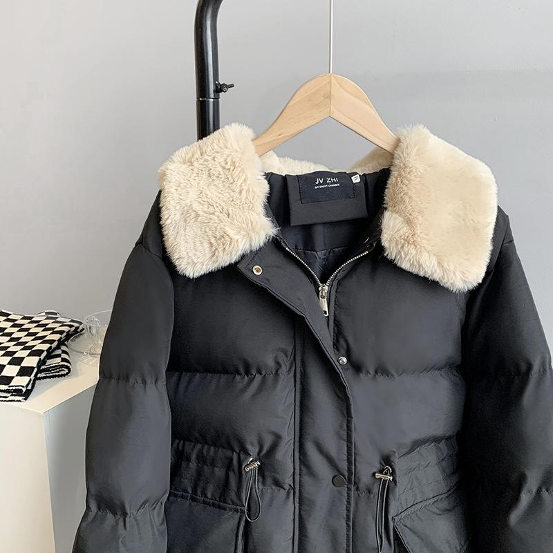 Women Autumn Winter Imitation Rabbit Hair Slim Cotton Coat Lapel Neck Solid Color Drawstring Padded Jacket