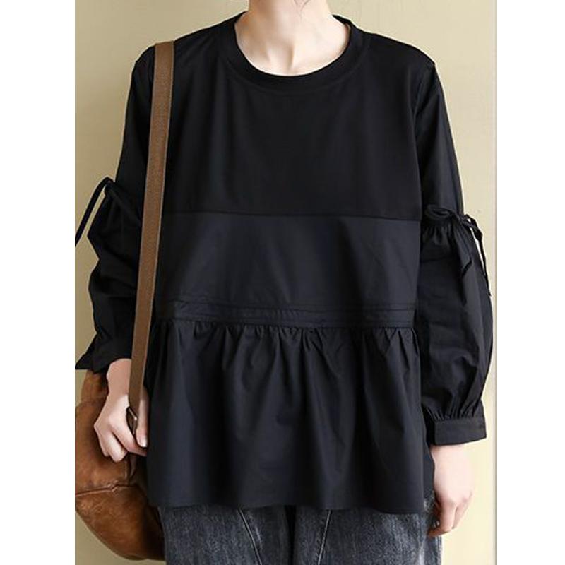 Одежда для женщин Корейская мода Бант Милые Шикарные Блузки Винтажные С оборками Лоскутное шитье Рубашки Оверсайз Однотонные Топы с круглым вырезом и длинным рукавом