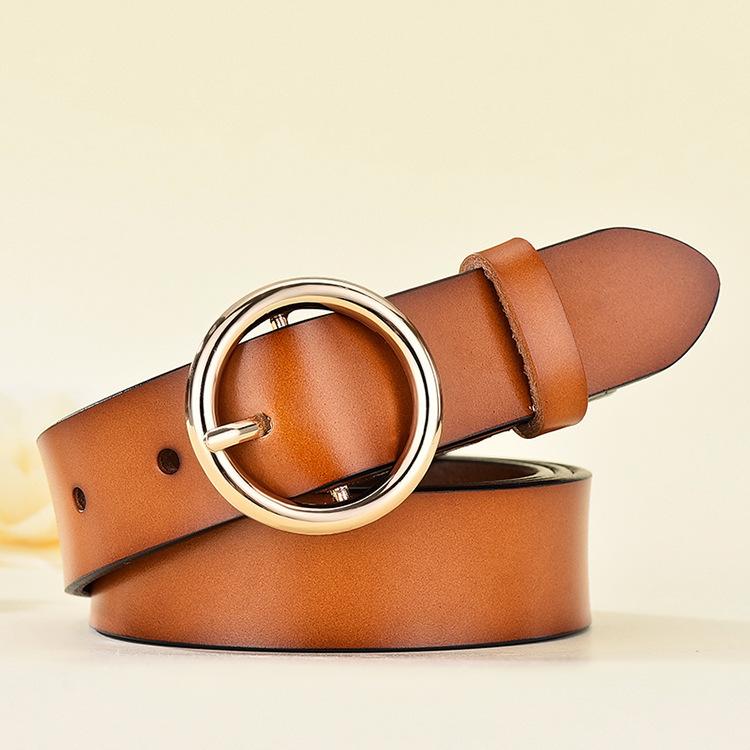 Belt Women'S Leather Belt, Women'S Round Buckle Cowhide Belt, Belt Women'S