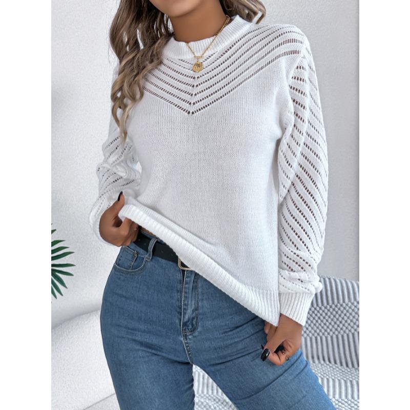 Elegant Round Neck Hollow Out Long Sleeve Pullover Sweater Women 2025 Fashion Sweet Autumn and Winter Casual Knitted Tops Solid Color Office Clothing