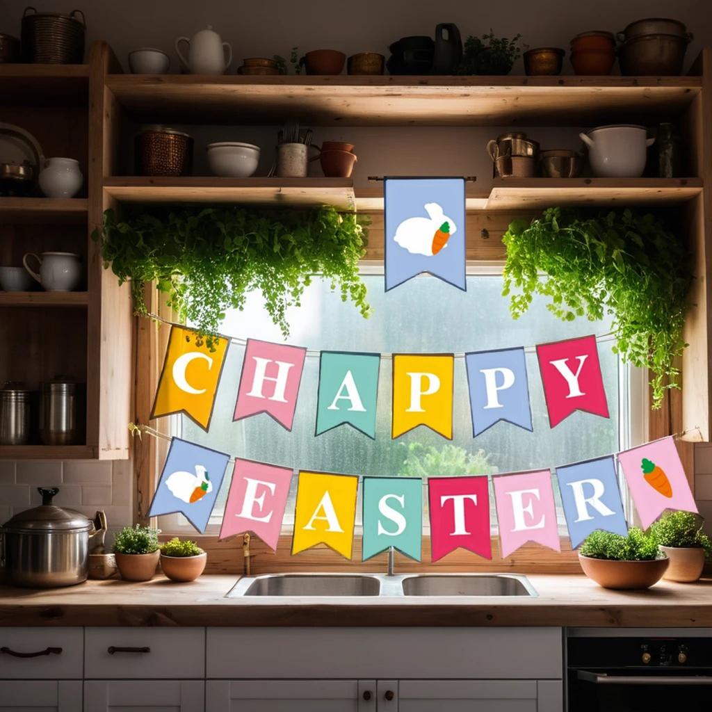 Happy Easter Banner Bunny Carrot Banner Holiday Garland Hanging Ornament For Home Holiday Party