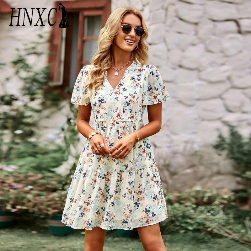 HNXC Женская мода лето весна повседневные платья с коротким рукавом и v-образным вырезом