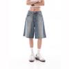 Women's Wide Leg Blue Retro Denim Shorts Capris Summer Female High Waist Loose Short Jeans