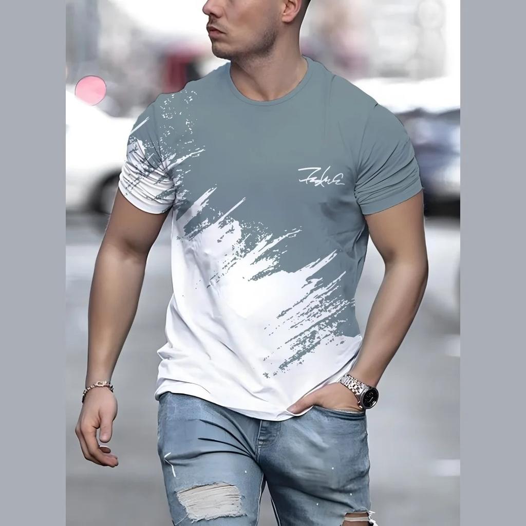 Летний топ с круглым вырезом, градиентным цветовым блоком и 3D-принтом, модные повседневные мужские футболки с коротким рукавом
