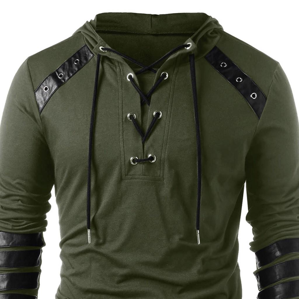 Мужские зимние винтажные кожаные лоскутные топы с капюшоном на шнурках с длинным рукавом, блузки