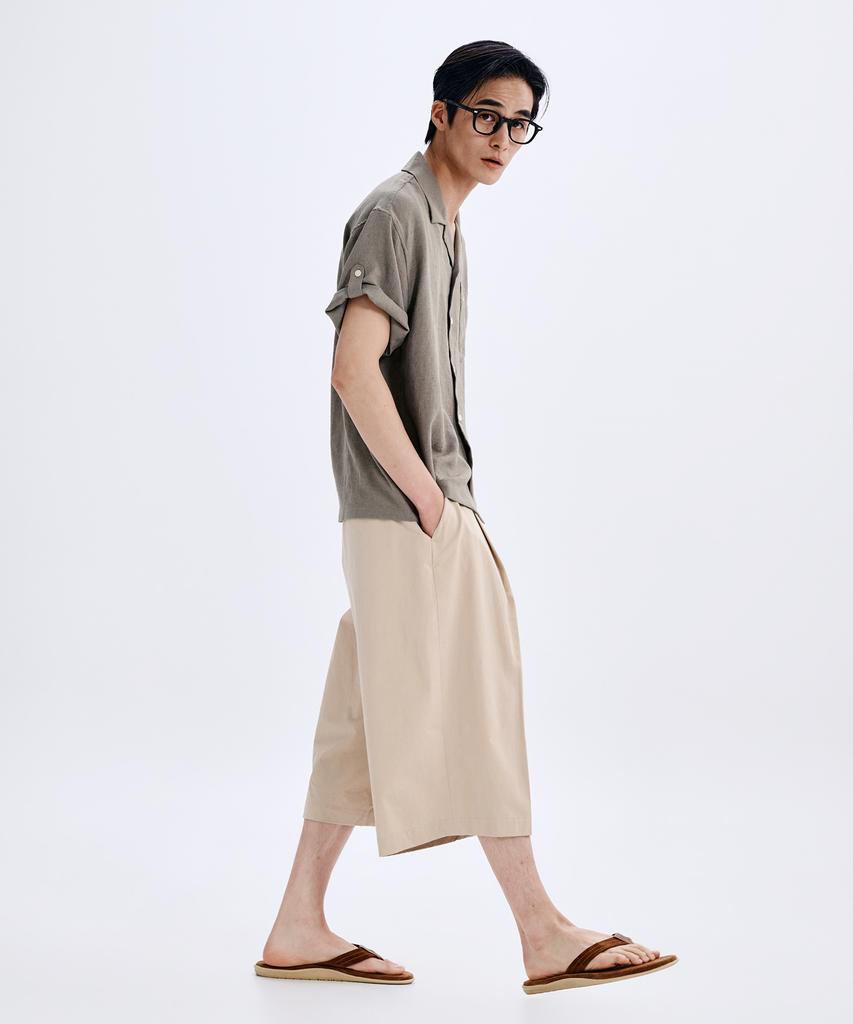 TAKEASY Linen-Like Roll-Up Half Shirt (Mocha)