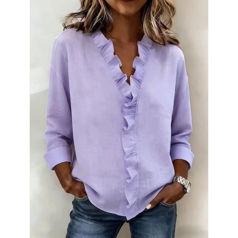 Women Ruffled Edge V Neck Long Sleeve Solid Casual Shirt