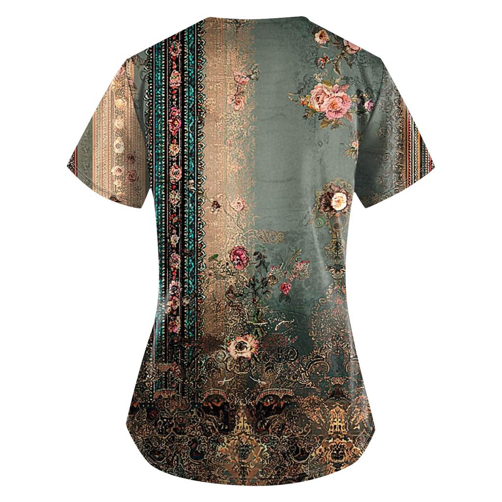 Plus Size Printed Scrub Working Uniform Tops For Women's V-Neck Print Short Sleeve Fun T-Shirts Workwear Tee With Pockets