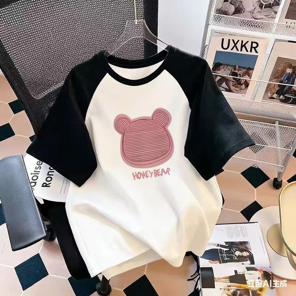 Girls Cotton Raglan Sleeve T Shirt Summer Loose Breathable Round Neck Short Sleeve Cartoon Top For Kids