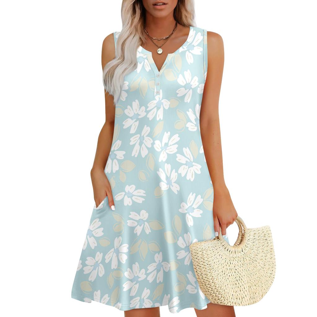 Женские летние платья Свободные сарафаны без рукавов с V-образным вырезом Платье с карманами