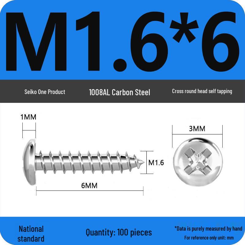 Galvanized Self-Tapping Screws, Round Head, White Zinc, PA Cross Pan, Pointed Tail M1.2-M4