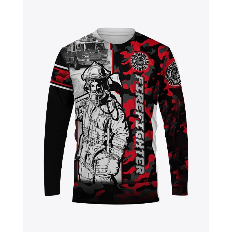 Осенняя мужская футболка с круглым вырезом и графическим принтом пожарного, повседневный пуловер большого размера с длинными рукавами, модная уличная мужская одежда