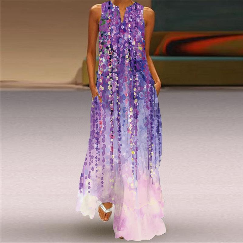 QICED Summer Women's Sleeveless Long V-Neck Printed Jade Flower Dresses