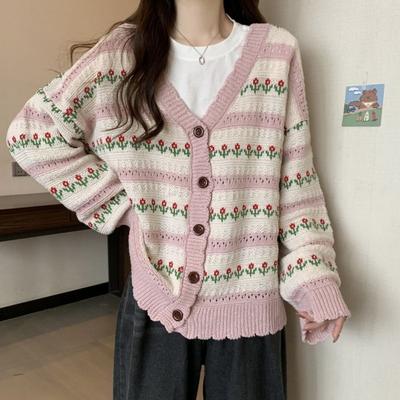 Цветочный Полосатый Женский Свитер с V-образным вырезом, Узор в стиле колор-блок, Теплый Женский Кардиган, Корейский Стиль, Новый Осенне-зимний Топ