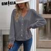 Autumn Winter Women's Solid Color Button V-neck Loose Long Sleeve T-shirt Women