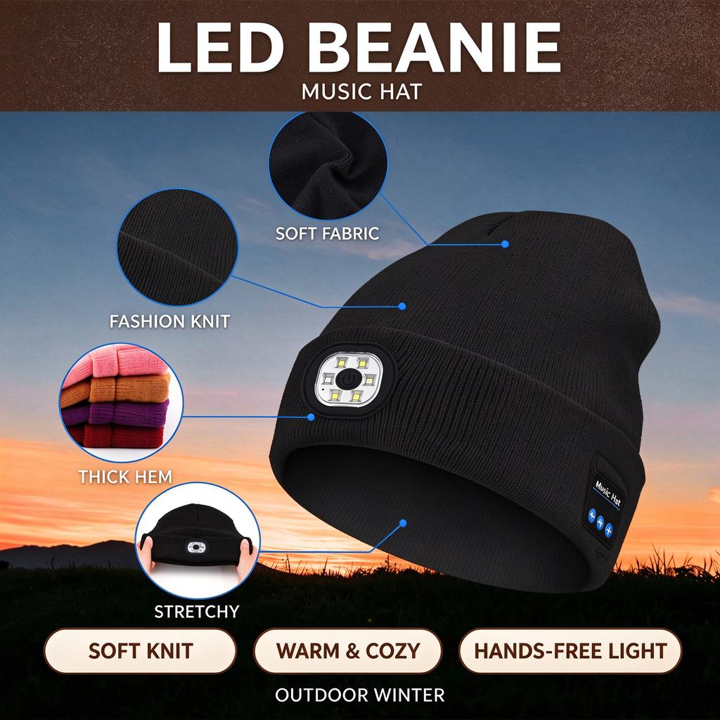 LED Bluetooth Music Beanie Hat, Rechargeable Lighted Knit Cap with Headphones, Warm Winter Outdoor Night Running Camping Hat for Men Women