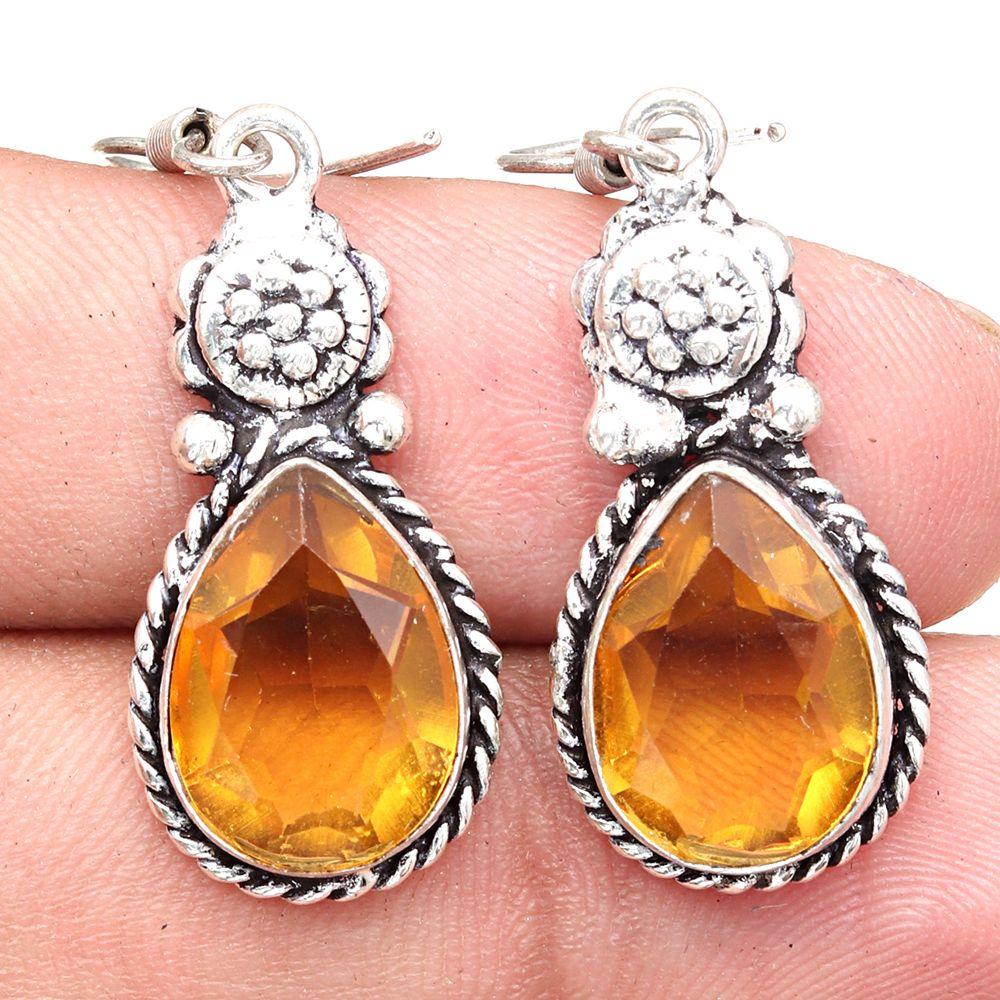 Citrine Quartz Gemstone Handmade Gift For Her Silver Jewelry Earrings 1.5''