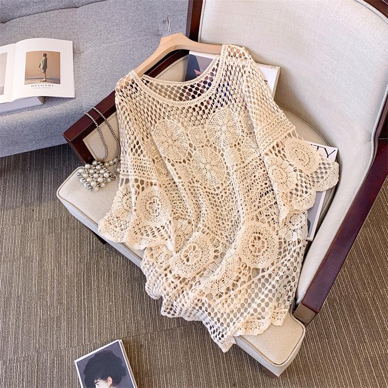 DIMANAF 2025 Новая футболка Женская Вязание Кружево Длинная Пляжная Праздничная Ажурная Летний Базовый Топ Футболка Свободная Одежда