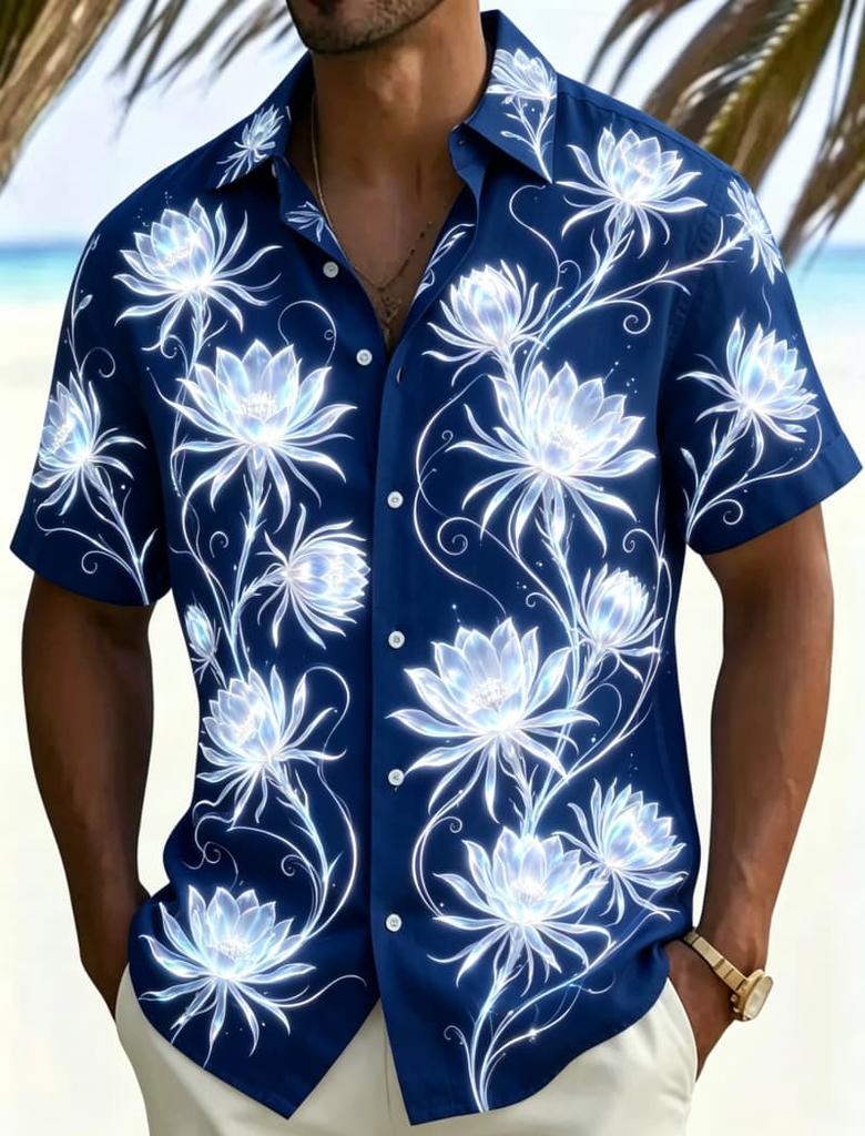 Men's Neon Tropical Floral Print Casual shirt, Personalized Summer style, Suitable For Night travel, Pool Parties And Daily Wear