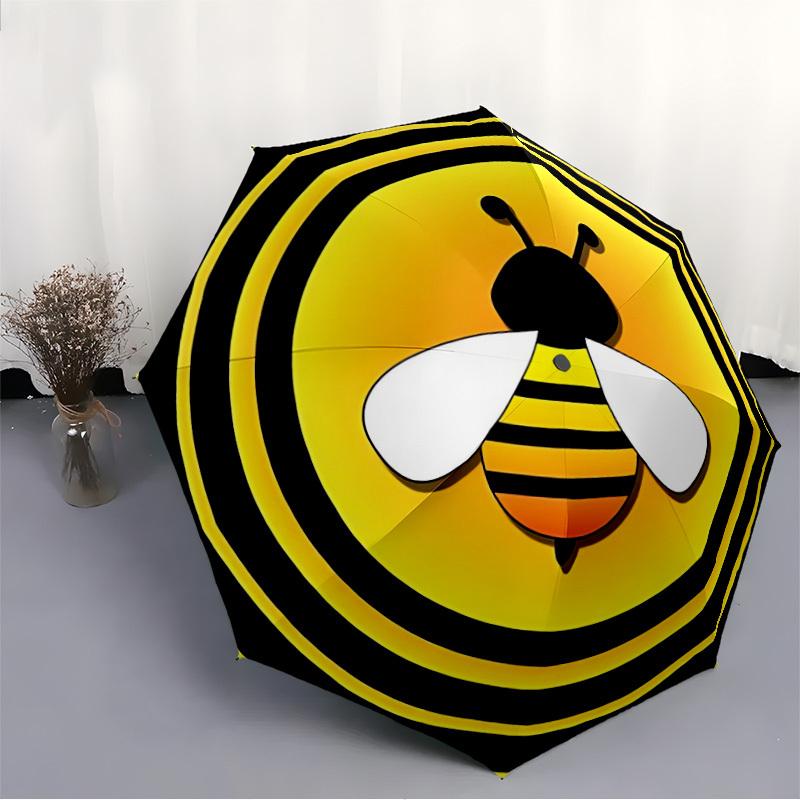 1pc Bee Print, Automatic Umbrella - Stylish, Durable, with 8-Rib Manual Open Design, Elegant Black Handleyy250920219