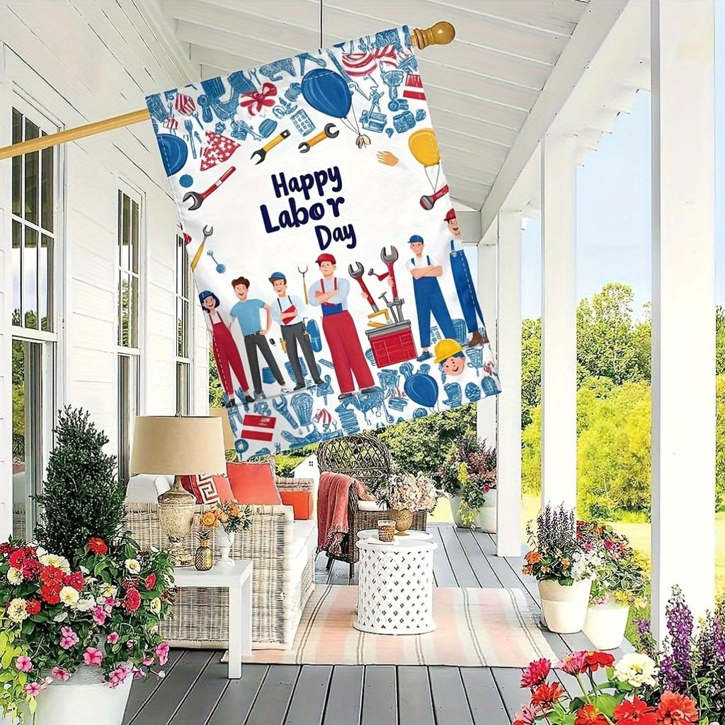 2D Flat - 2D Door Banner 2D Printing, 1pc Patriotic Happy Labor Day Double-Sided Garden Flag - Vibrant Stars And Stripes Design, Durable Polyester, I