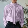INCERUN Men High Neck Tie Up Ruffled Solid Shirts Casual Long Sleeve Tops