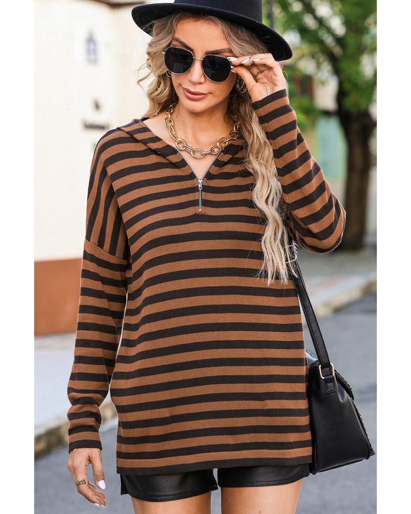 Azura Exchange Striped Knit Quarter Zip Hoodie