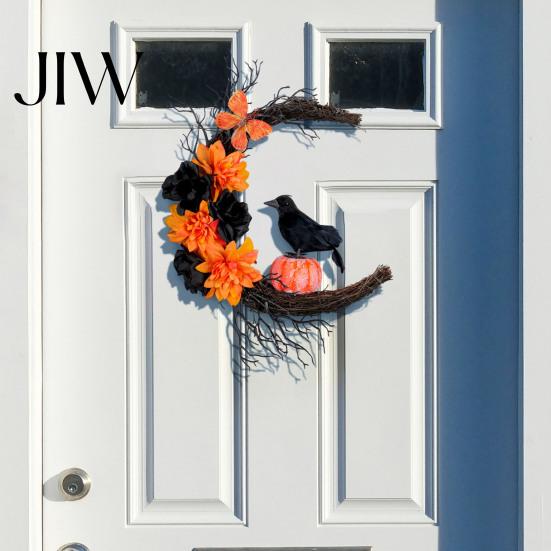 Seasonal Atmosphere Accents Halloween Door Sign, Artificial Floral Branch Crow Moon Wall Hanger with Unique Party Ornaments Bird, Spooky Window