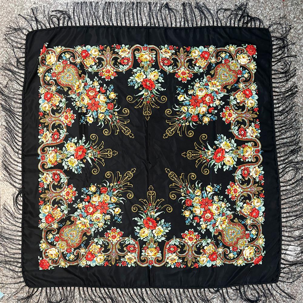 130*130Cm Luxury Floral Print Russian Square Scarf Women Fringed Bandana Scarves Pareo Lady Headband Scarves Babushka Head Wraps