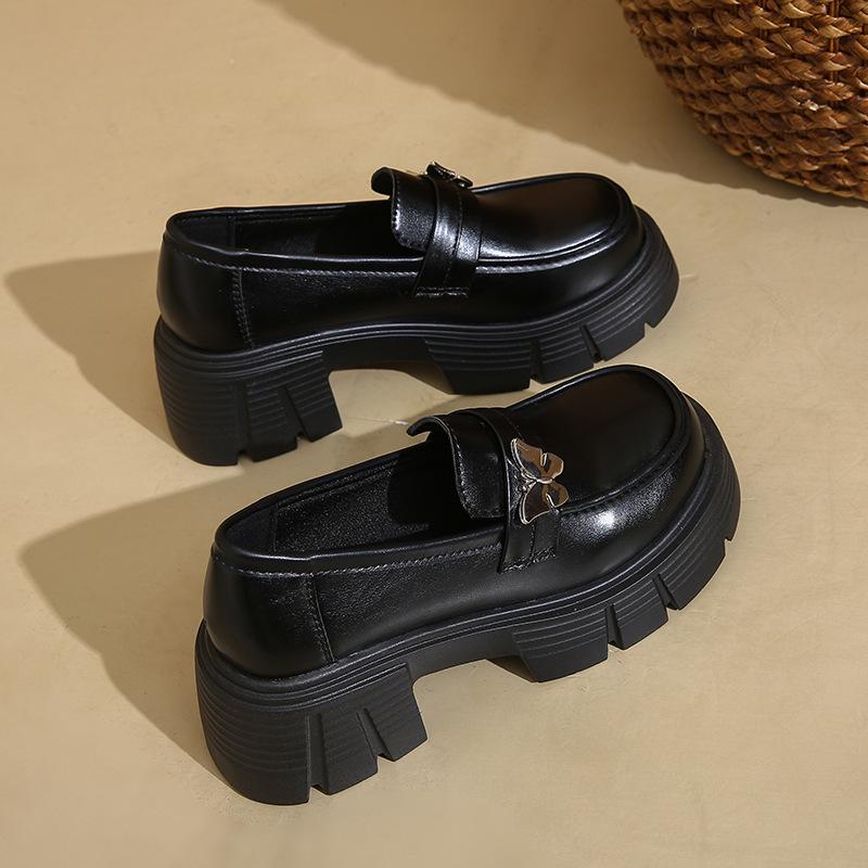 French Platform British Style Small Leather Shoes for Women 2025 Autumn New Black One-pedal Butterfly Single Shoes Loafers for Women