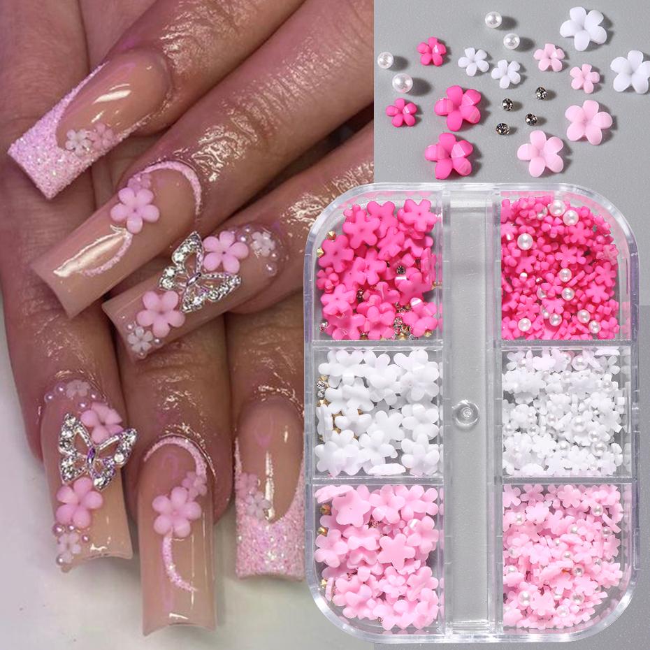 Xiaomi 1 Box Kawaii Mini Bow 3D Cute Nail Art Decorations White Pearls Nails Charms Designs DIY Pink Bowknot Resin Nail Accessories