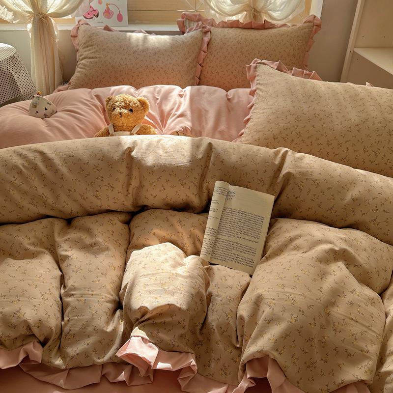 Cloud cotton bed four-piece set, double-layer yarn washed cotton quilt cover, small floral quilt cover, bed sheet, student dormitory three-piece set