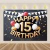 15th Birthday Theme Backdrop Black Gold Glitter Balloon for Women Men Boy Girl Party Decorations Balloon Banner Photography Prop