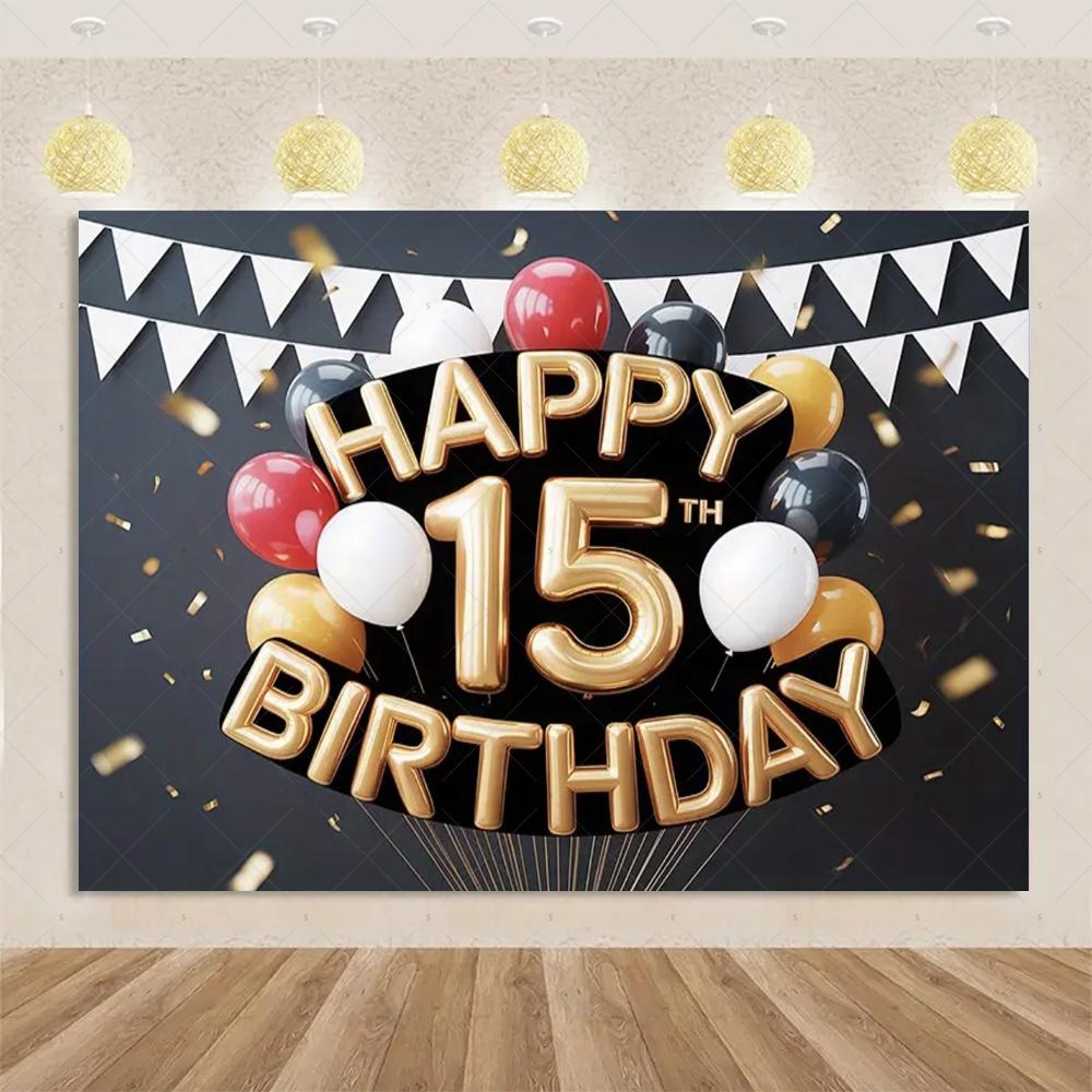 15th Birthday Theme Backdrop Black Gold Glitter Balloon for Women Men Boy Girl Party Decorations Balloon Banner Photography Prop